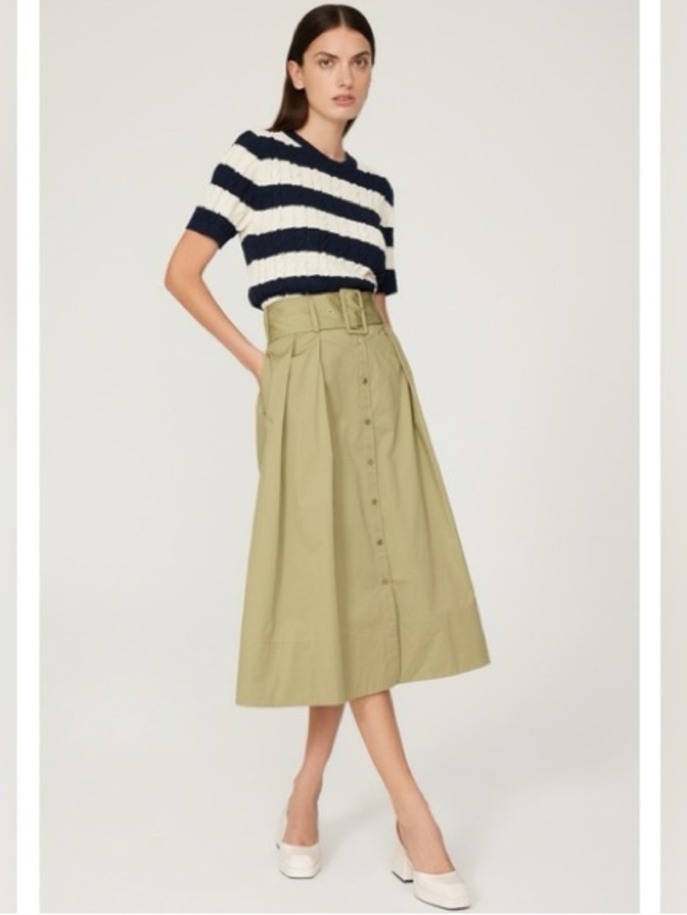 STAUD Kingsley Belted Pleated Stretchcotton Midi Skirt